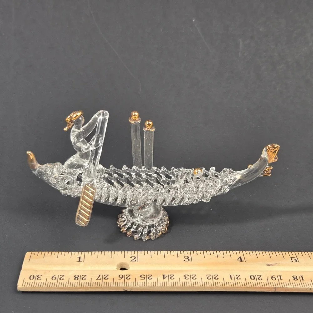 Murano Clear Glass Venetian Gondola Figurine Gold Trim Vintage Decor